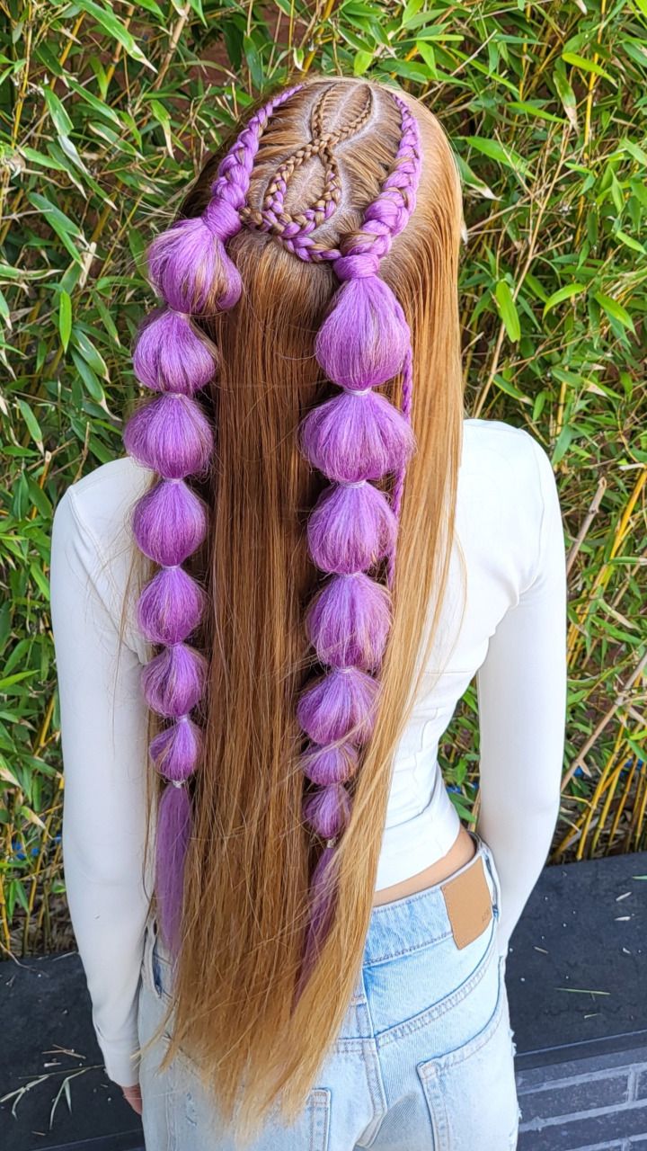 Purple Bubble Braids with Feed-in Braids — close-up