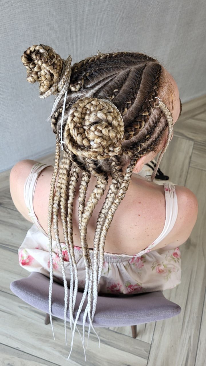 Two Braided Buns with Ombre Blonde