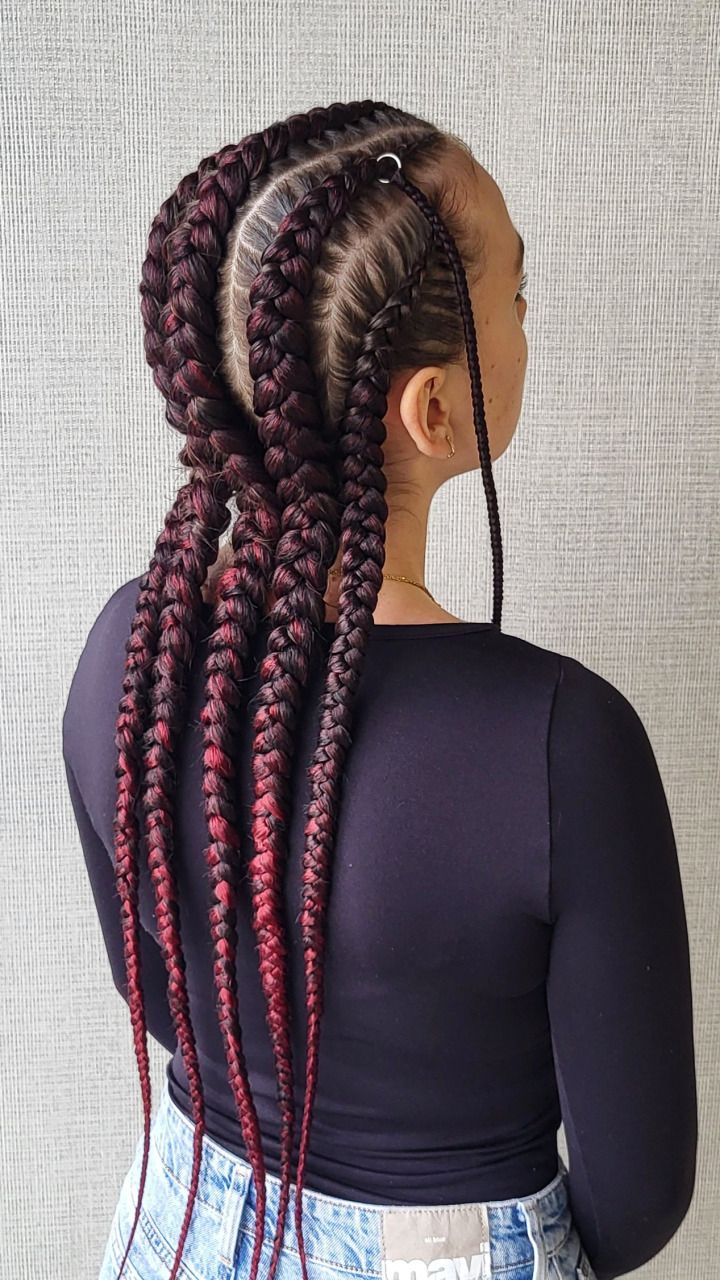 Five Feed-in Braids with Burgundy Braiding Hair