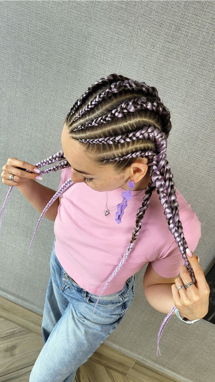 Six Feed-in Braids with Light Purple Braiding Hair — styled look