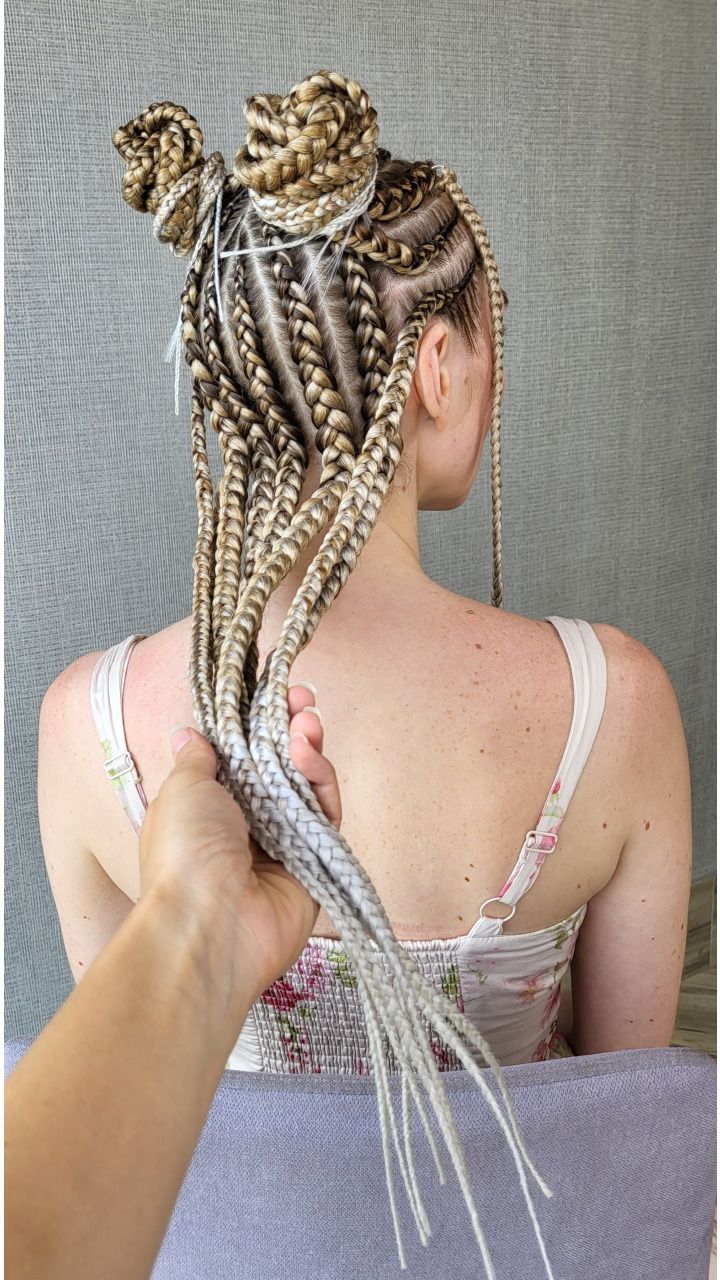 Two Braided Buns with Ombre Blonde — close-up