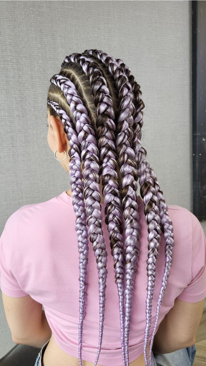 Six Feed-in Braids with Light Purple Braiding Hair — detail