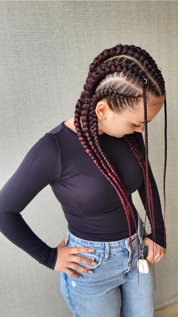 Five Feed-in Braids with Burgundy Braiding Hair — close-up