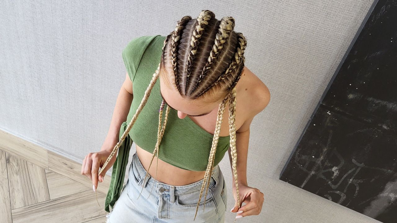 Six Feed-in Braids with Honey Blonde Braiding Hair — styled look