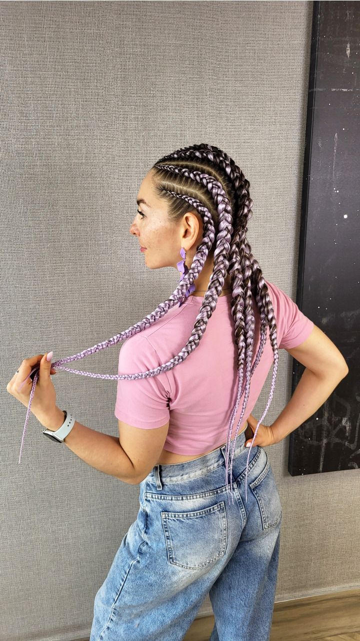 Six Feed-in Braids with Light Purple Braiding Hair