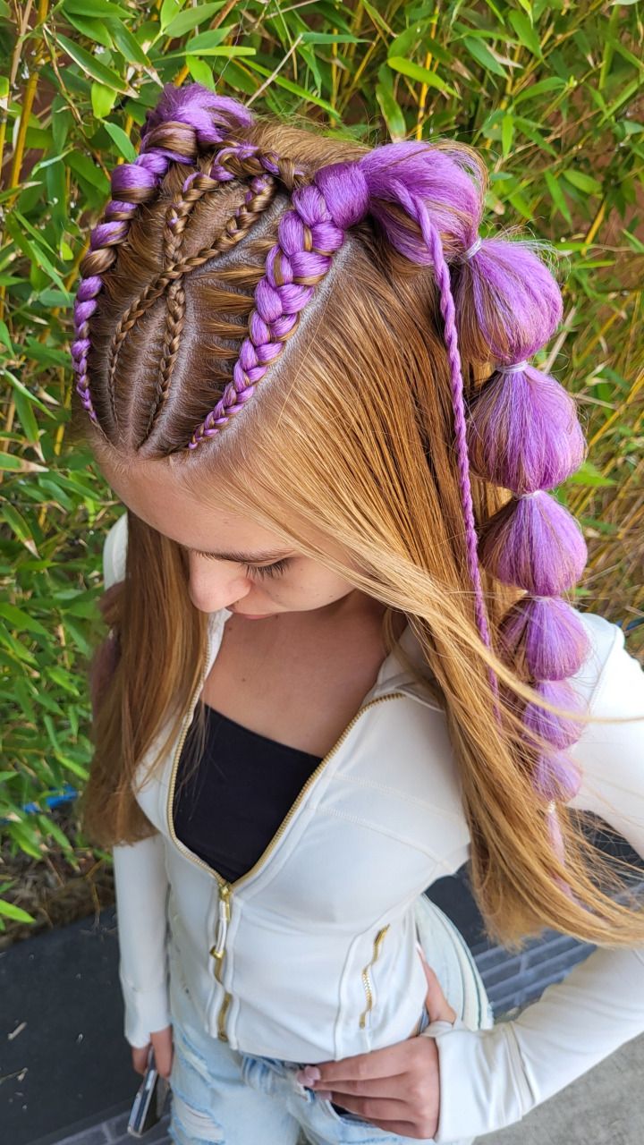 Purple Bubble Braids with Feed-in Braids