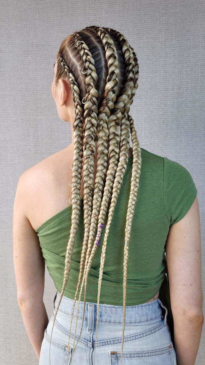 Six Feed-in Braids with Honey Blonde Braiding Hair — close-up
