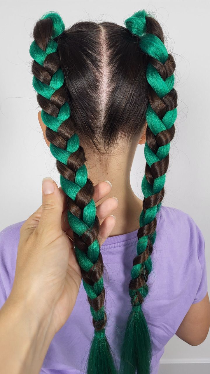 Two Braided Pigtails with Green Braiding Hair
