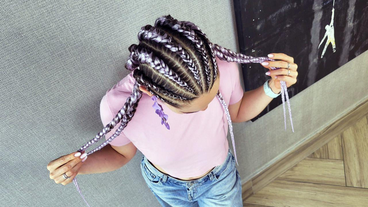 Six Feed-in Braids with Light Purple Braiding Hair — close-up