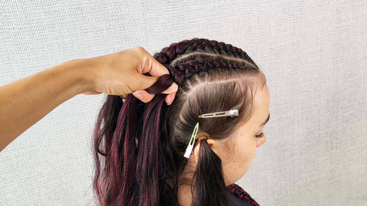 The Process of Braiding Five Feed-in Braids with Burgundy Hair