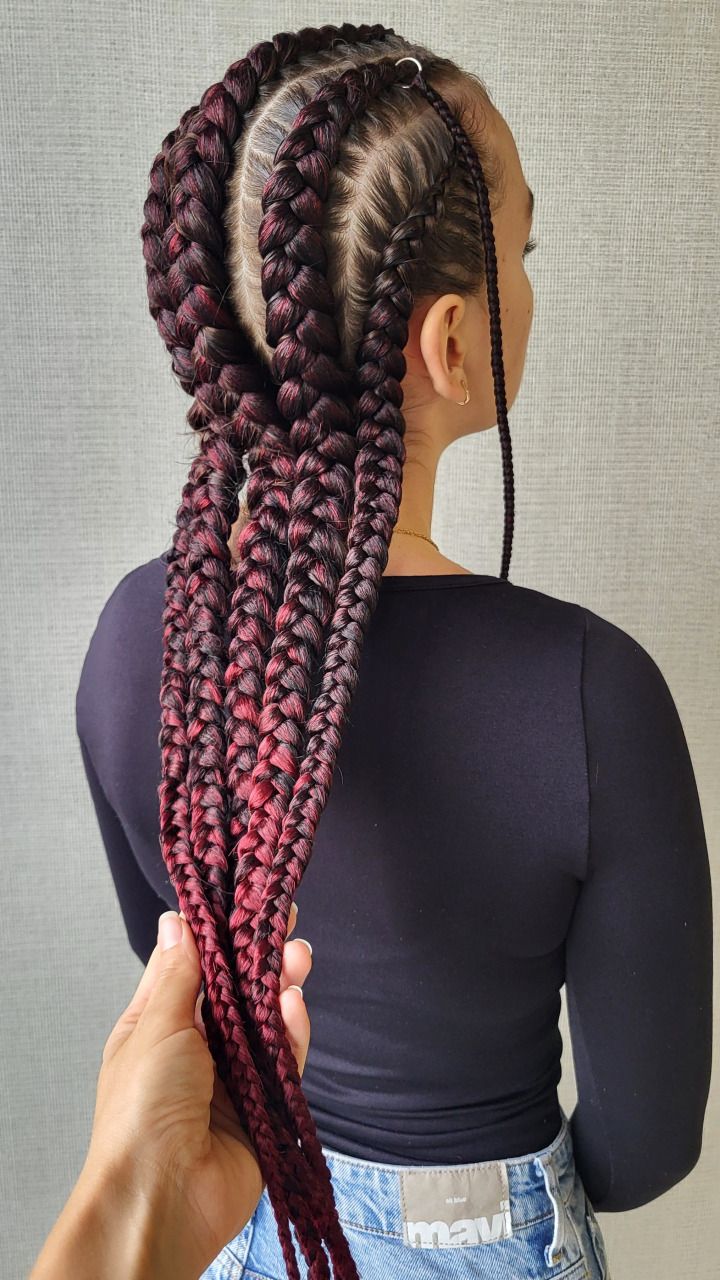 Five Feed-in Braids with Burgundy Braiding Hair — in use