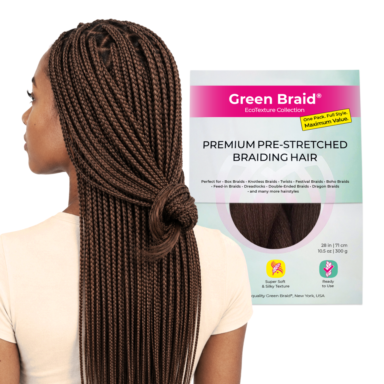 Brown Pre-Stretched Braiding Hair, 28 in (10.5 oz) — in use