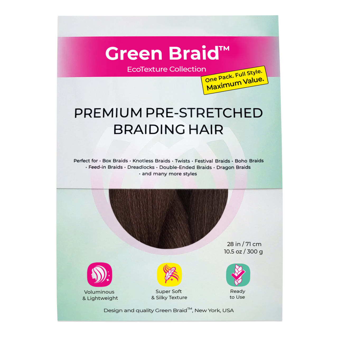 Premium Pre-Stretched Braiding Hair, Brown, 28 in, 10.5 oz