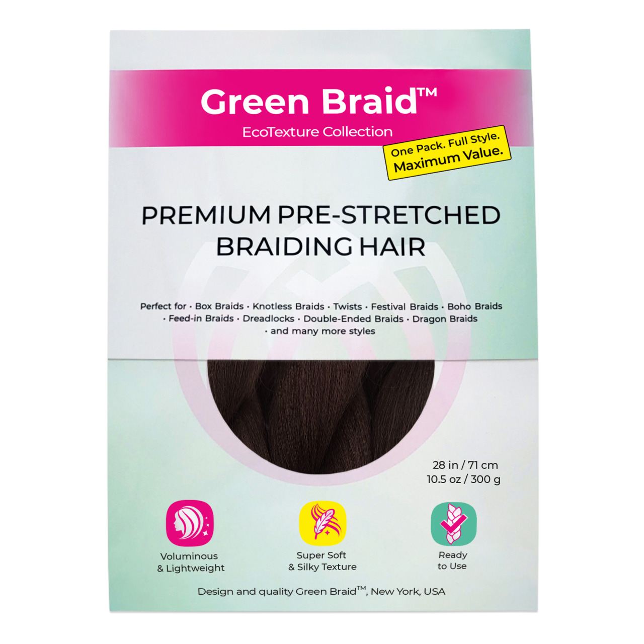Premium Pre-Stretched Braiding Hair, Dark Brown, 28 in, 10.5 oz