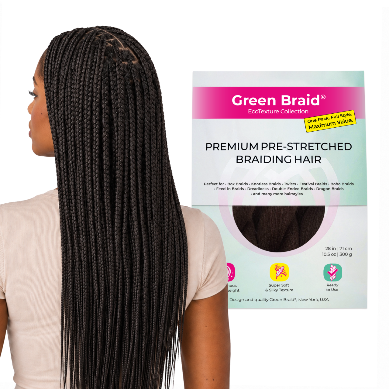Dark Brown Pre-Stretched Braiding Hair, 28 in (10.5 oz) — in use