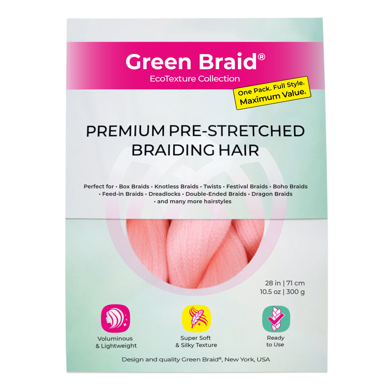 Light Pink Pre-Stretched Braiding Hair, 28 in (10.5 oz)
