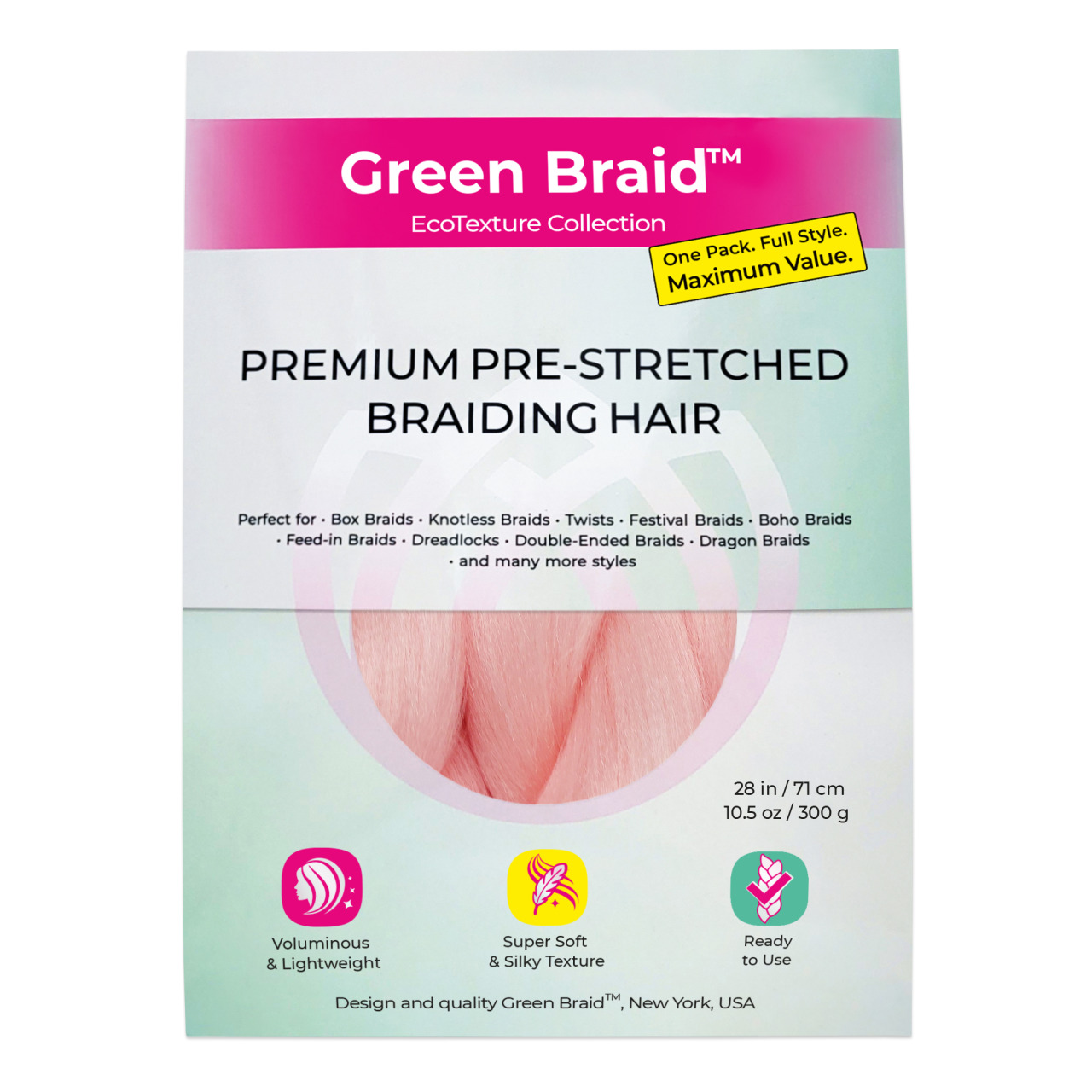 Premium Pre-Stretched Braiding Hair, Light Pink, 28 in, 10.5 oz