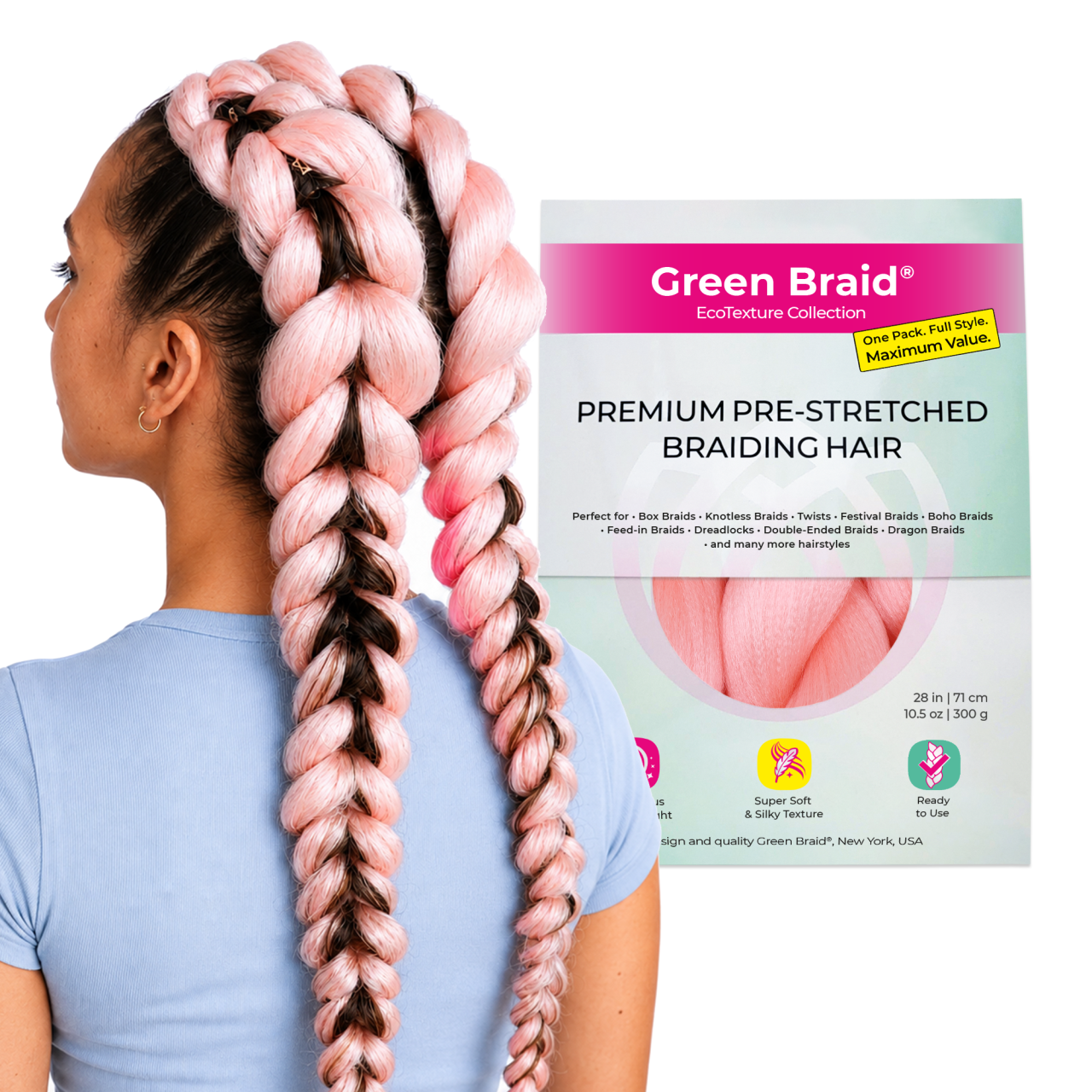 Light Pink Pre-Stretched Braiding Hair, 28 in (10.5 oz) — in use