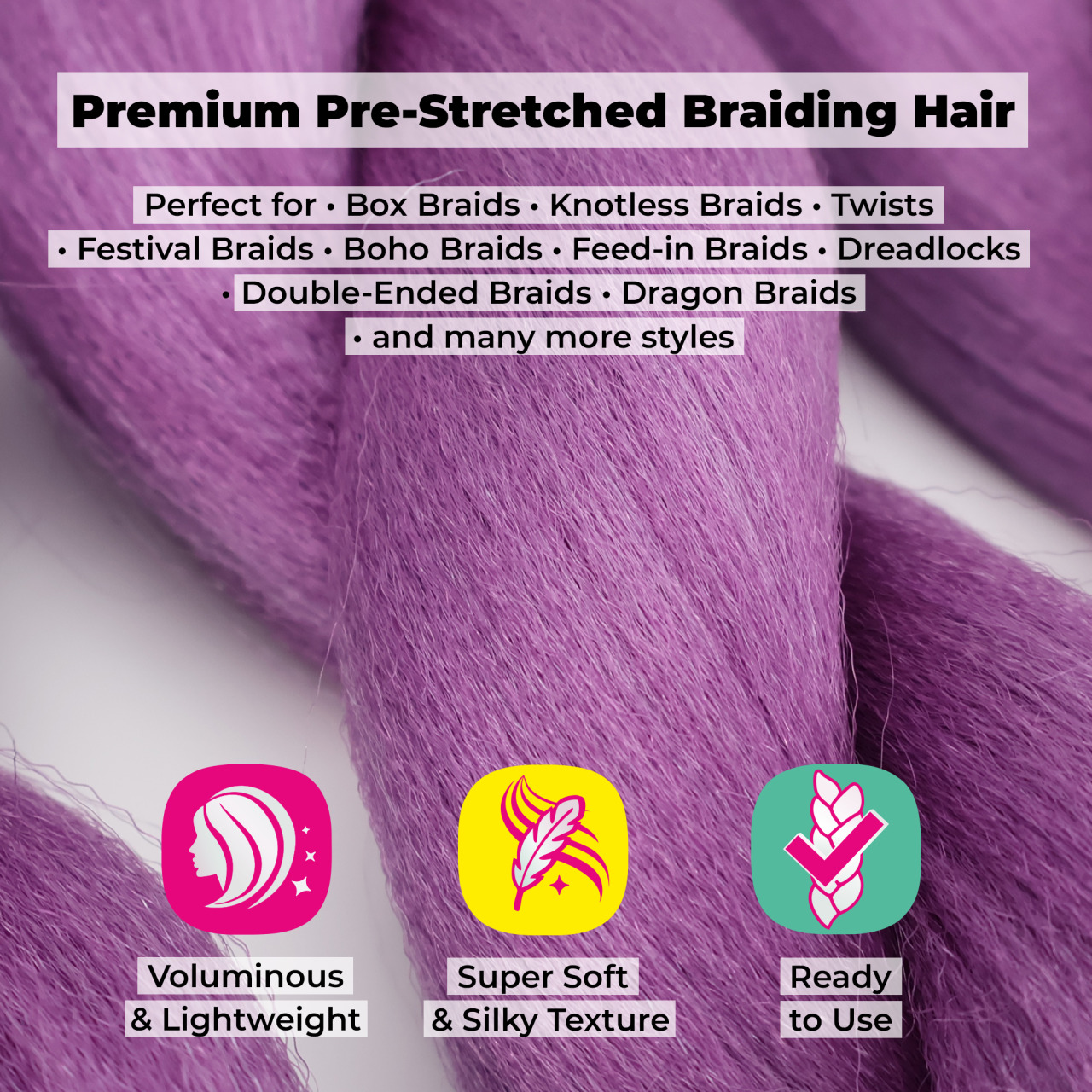 Premium Pre-Stretched Braiding Hair, Purple, 28 in, 10.5 oz