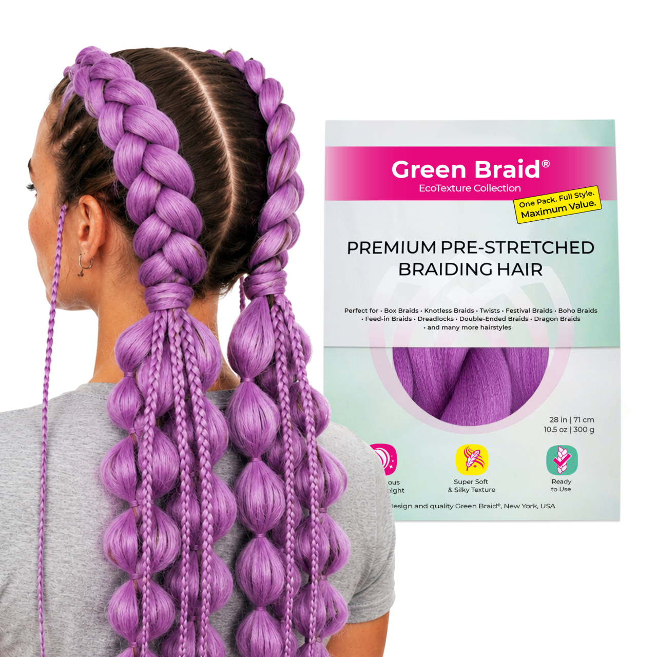 Purple Pre-Stretched Braiding Hair, 28 in (10.5 oz) — in use