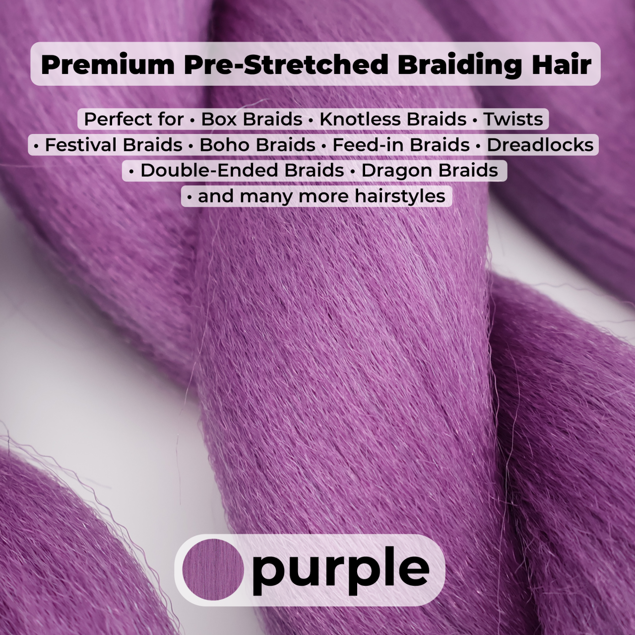 Premium Purple Pre-Stretched Braiding Hair, 28 in (10.5 oz) — styled look