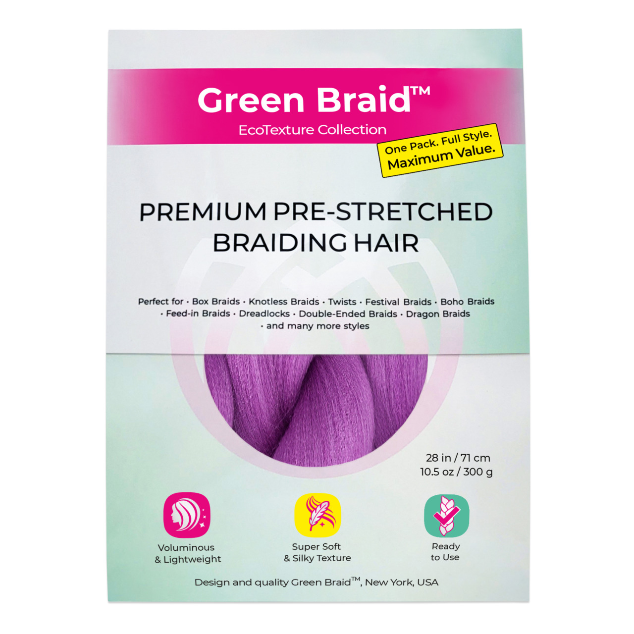 Premium Pre-Stretched Braiding Hair, Purple, 28 in, 10.5 oz