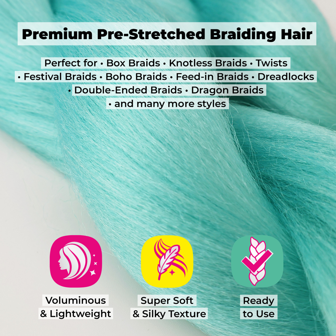 Premium Pre-Stretched Braiding Hair, Mint, 28 in, 10.5 oz