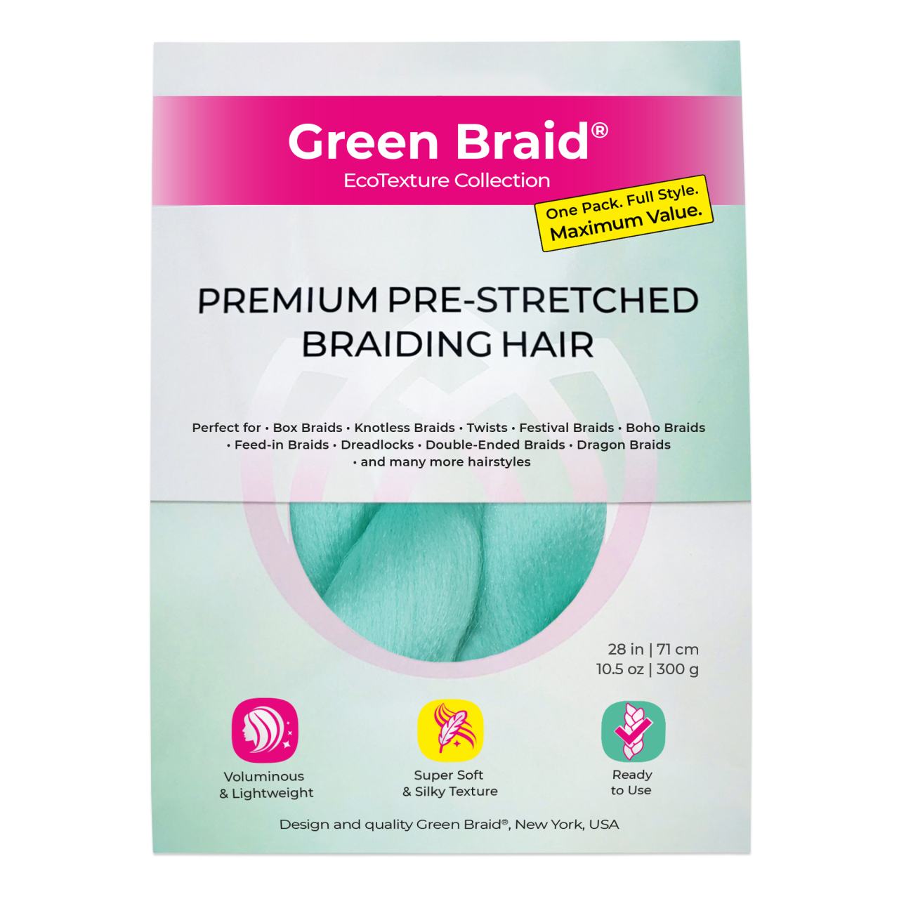 Mint Pre-Stretched Braiding Hair, 28 in (10.5 oz)