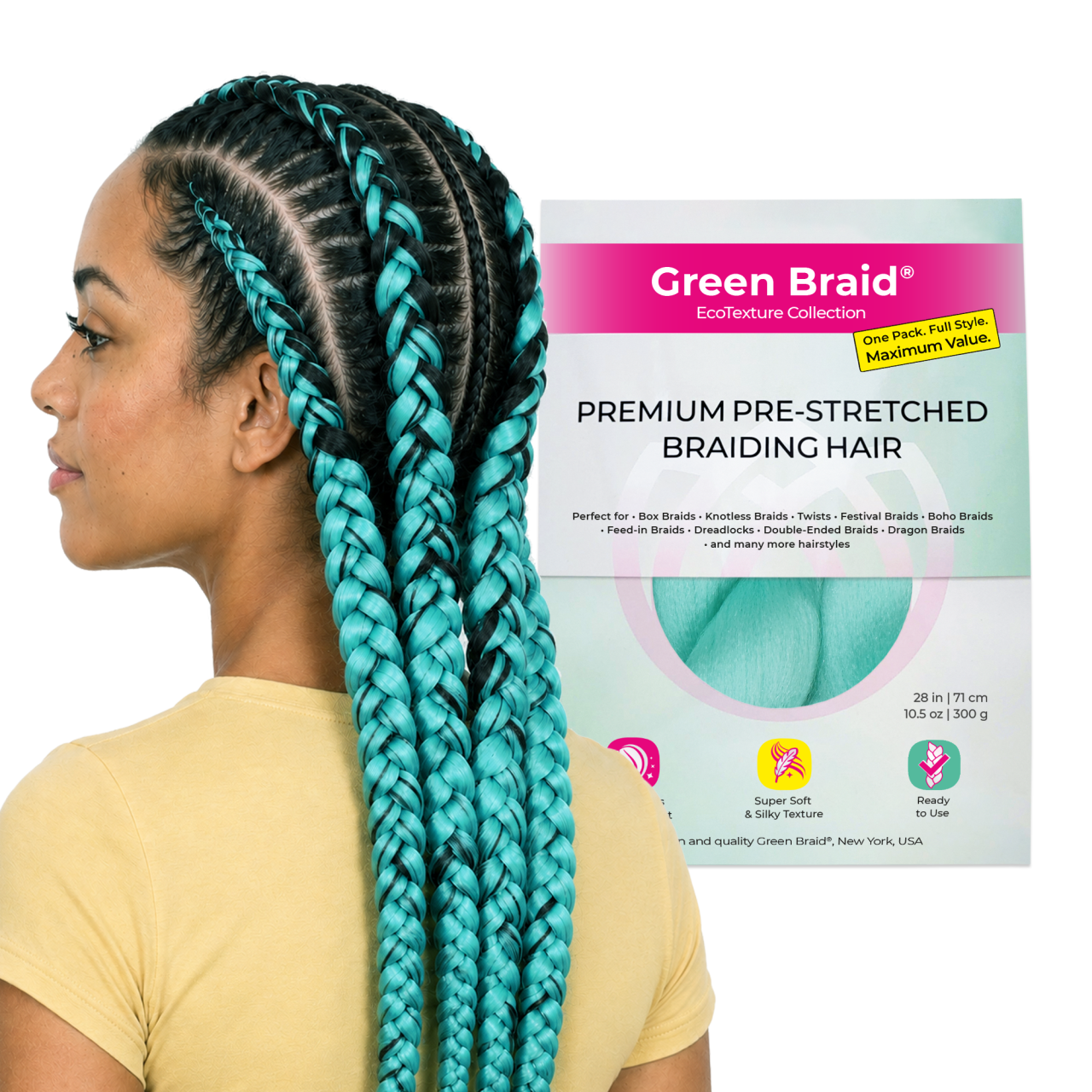 Mint Pre-Stretched Braiding Hair, 28 in (10.5 oz) — in use