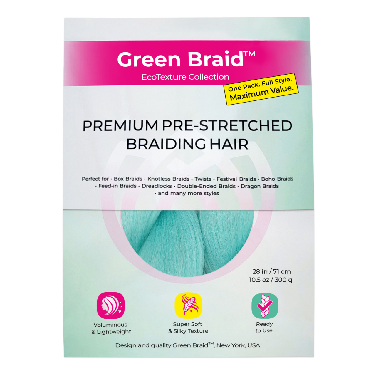 Premium Pre-Stretched Braiding Hair, Mint, 28 in, 10.5 oz