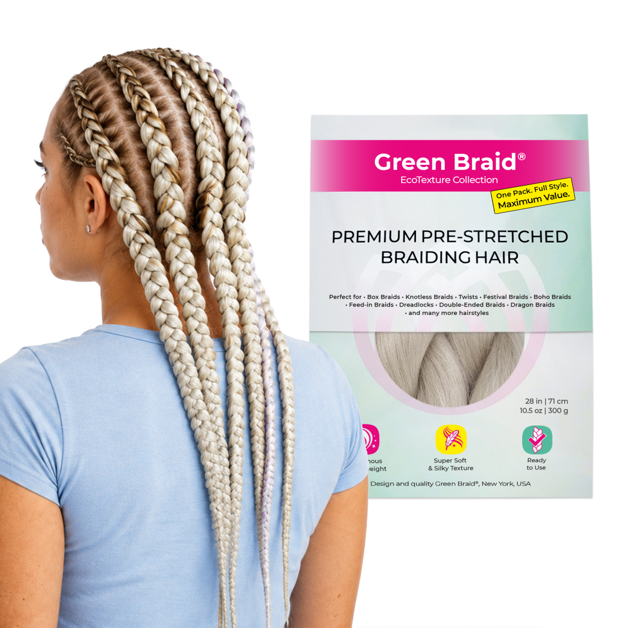 Platinum Blonde Pre-Stretched Braiding Hair, 28 in (10.5 oz) — in use
