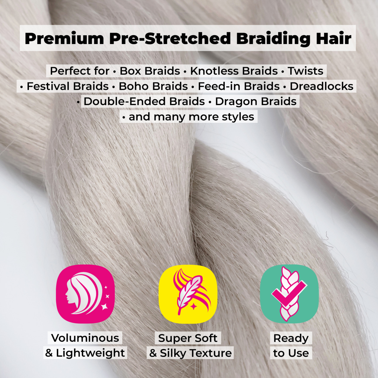 Premium Pre-Stretched Braiding Hair, Platinum Blonde, 28 in, 10.5 oz