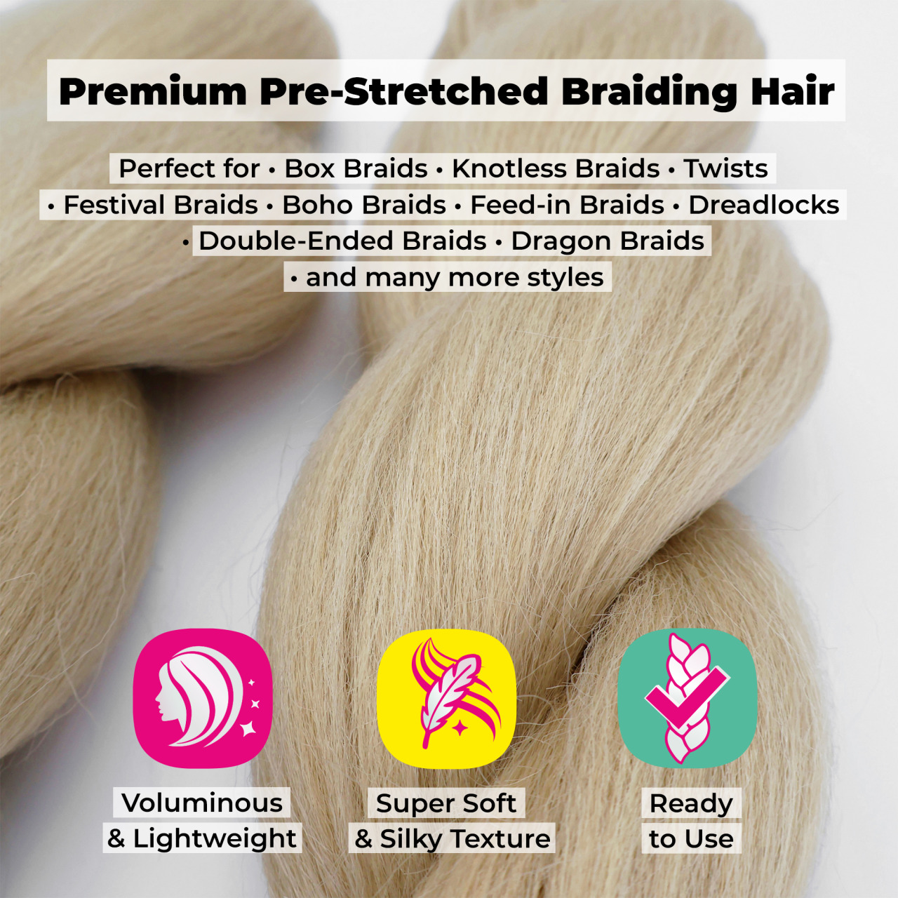 Premium Pre-Stretched Braiding Hair, Honey Blonde, 28 in, 10.5 oz
