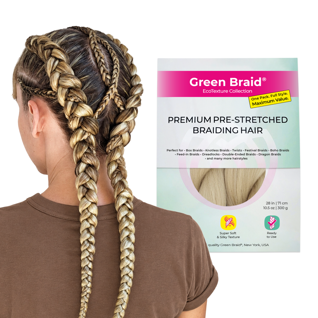 Honey Blonde Pre-Stretched Braiding Hair, 28 in (10.5 oz) — in use
