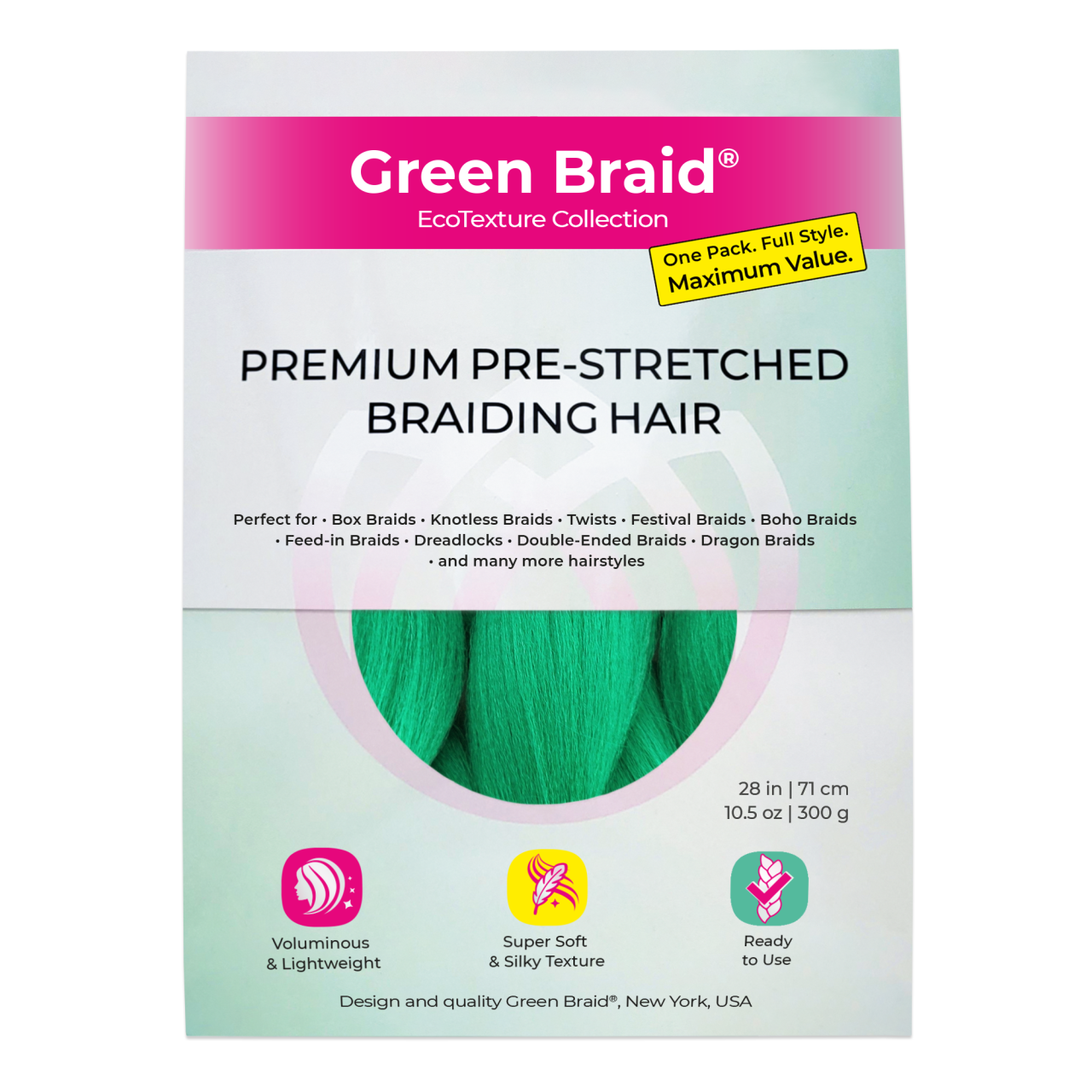 Green Pre-Stretched Braiding Hair, 28 in (10.5 oz)