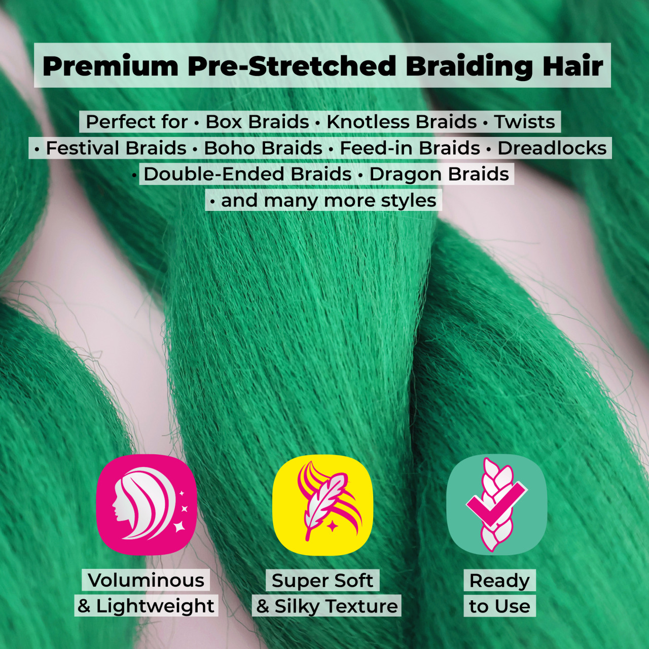 Premium Pre-Stretched Braiding Hair, Green, 28 in, 10.5 oz