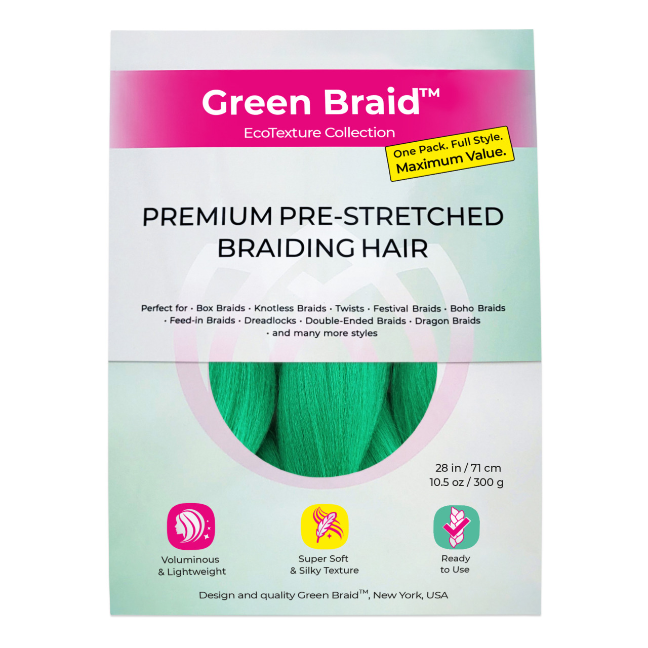 Premium Pre-Stretched Braiding Hair, Green, 28 in, 10.5 oz