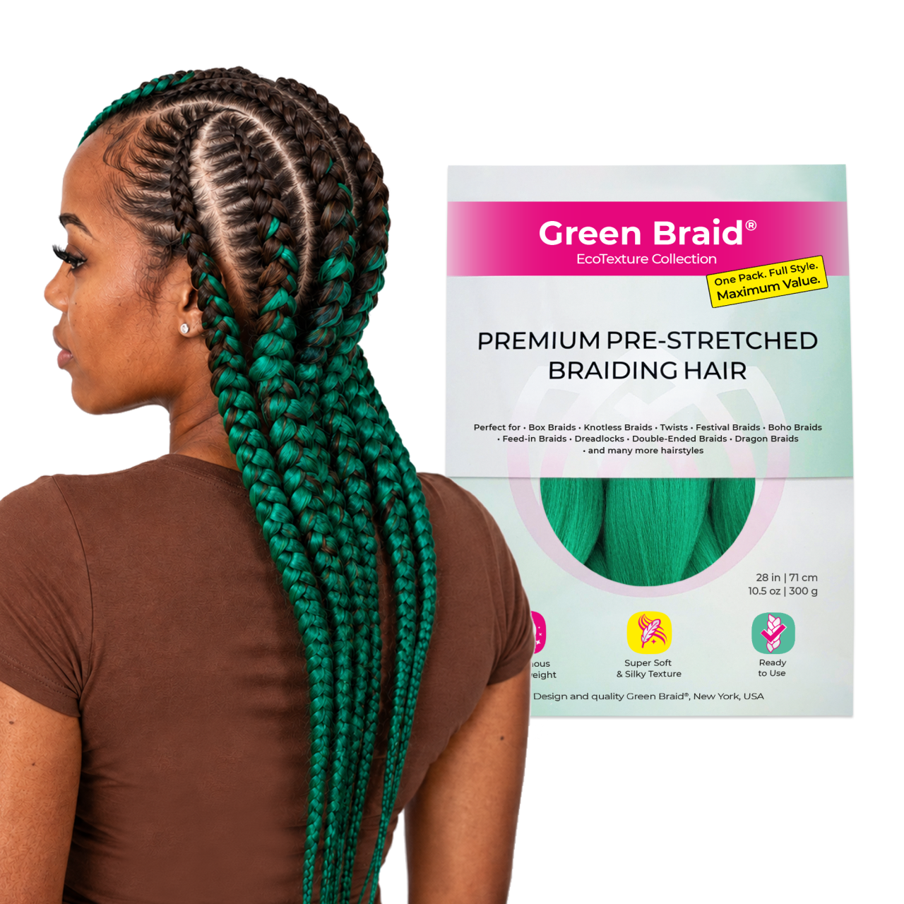 Green Pre-Stretched Braiding Hair, 28 in (10.5 oz) — in use