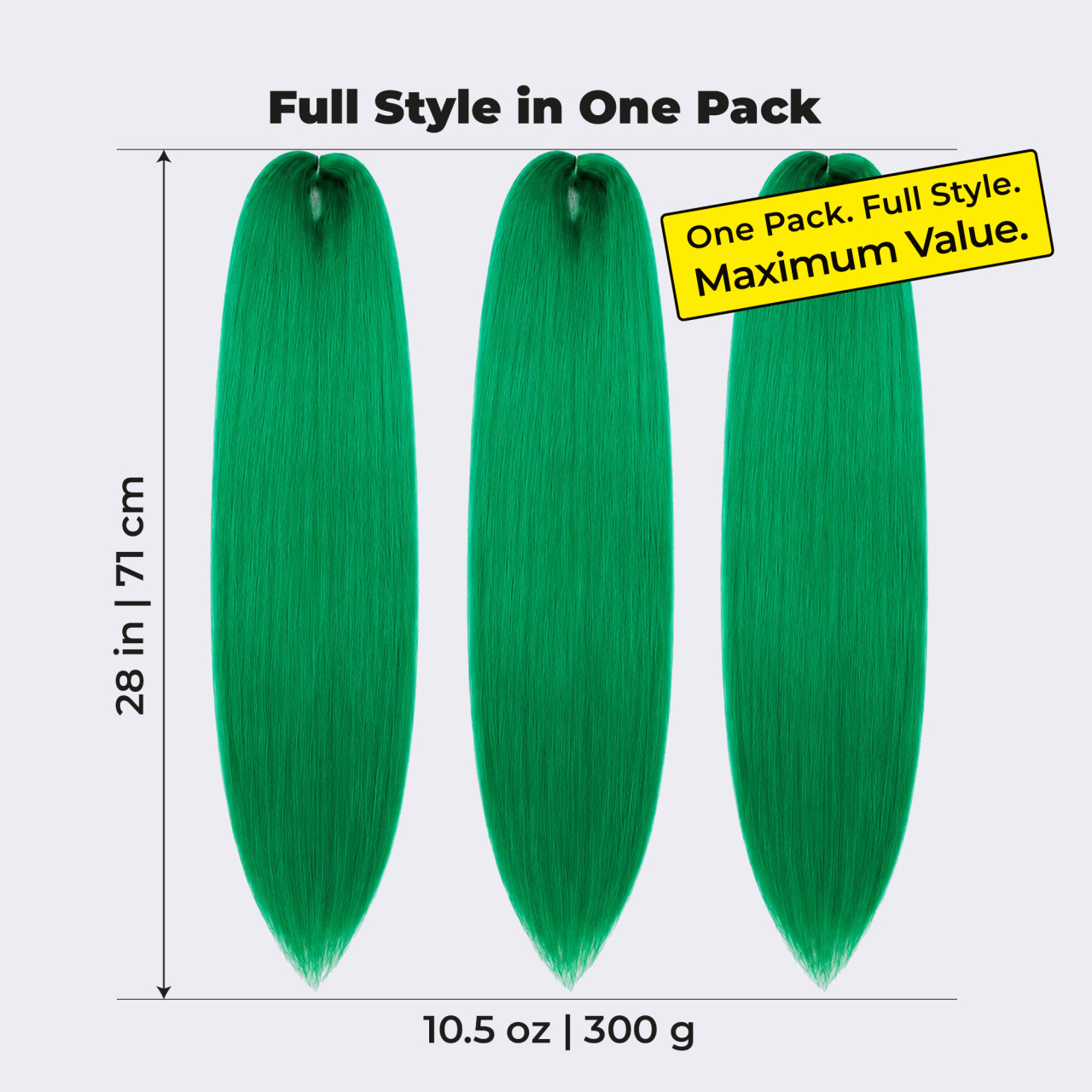 Premium Green Pre-Stretched Braiding Hair, 28 in (10.5 oz) — in use
