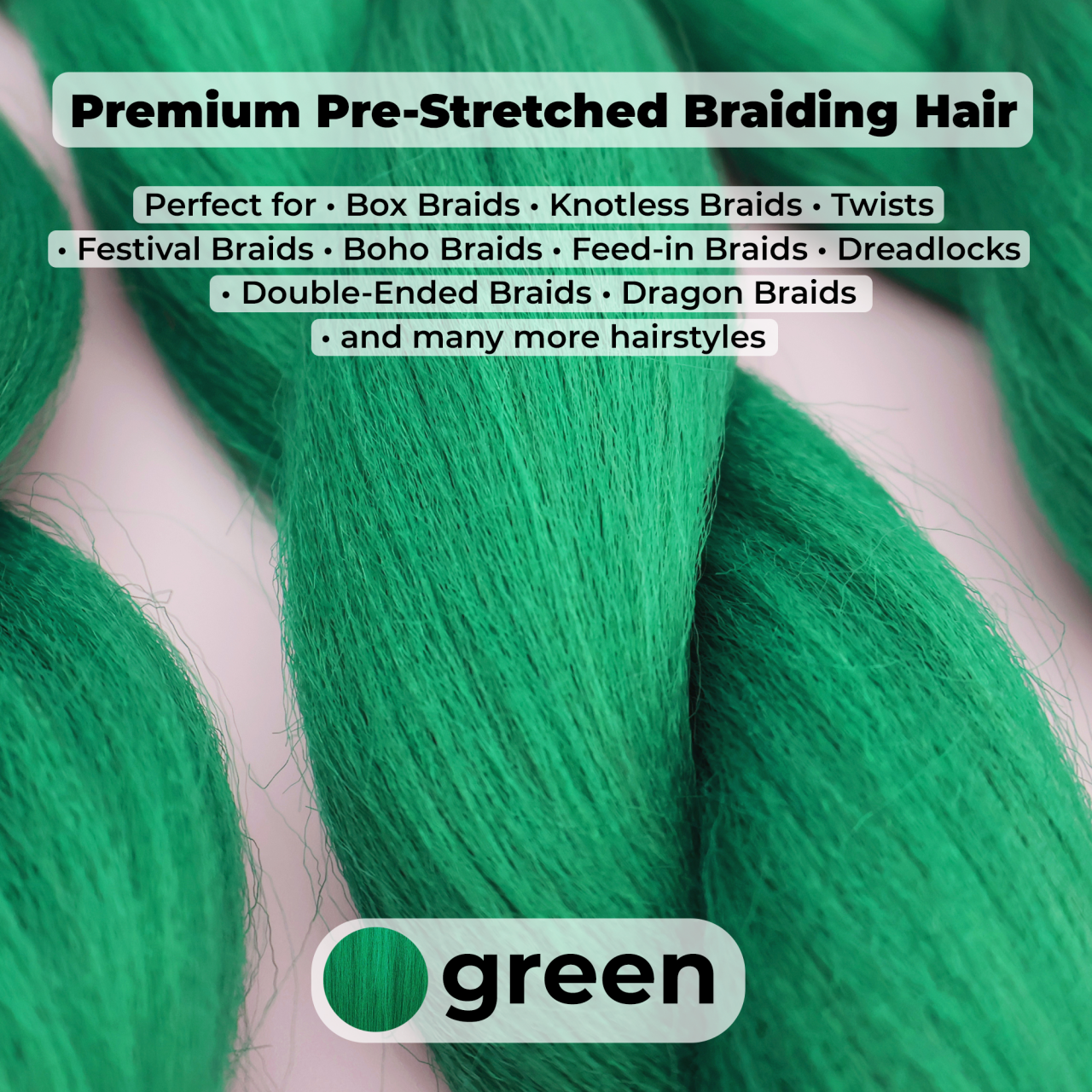 Premium Green Pre-Stretched Braiding Hair, 28 in (10.5 oz) — styled look