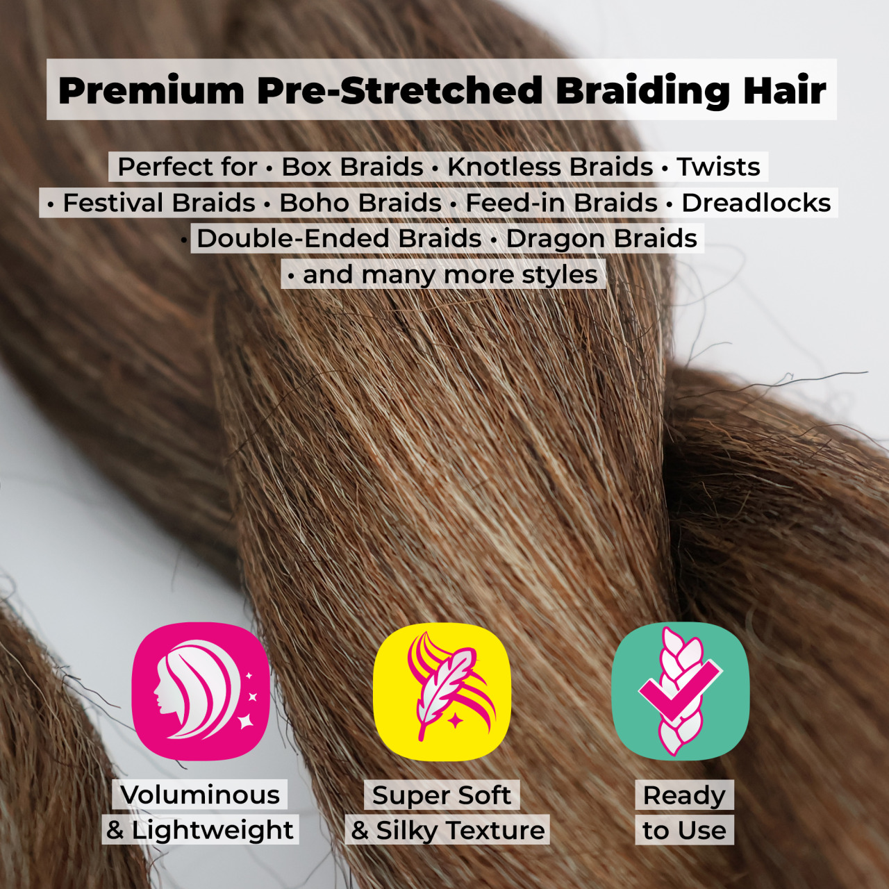 Premium Pre-Stretched Braiding Hair, Ombre Brown, 28 in, 10.5 oz