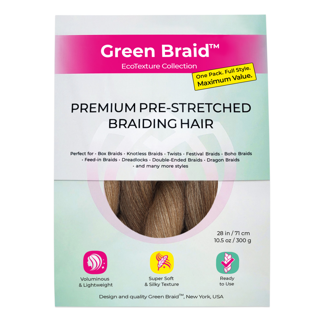 Premium Pre-Stretched Braiding Hair, Ombre Brown, 28 in, 10.5 oz