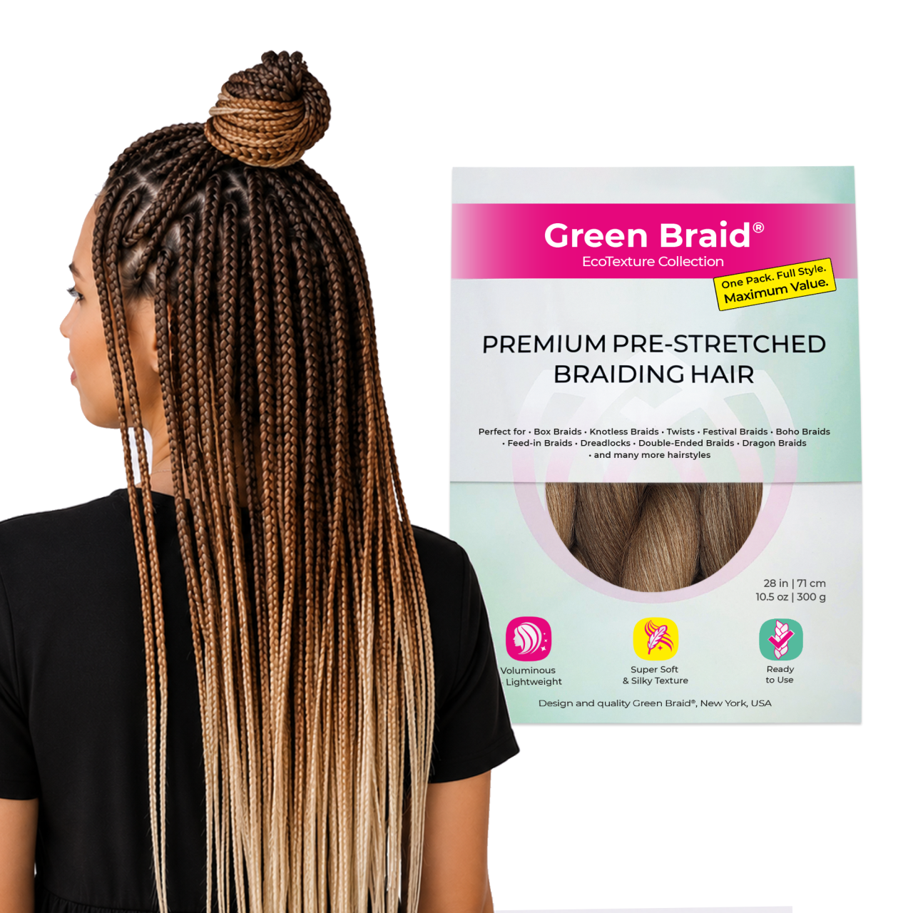 Ombre Brown Pre-Stretched Braiding Hair, 28 in (10.5 oz) — in use