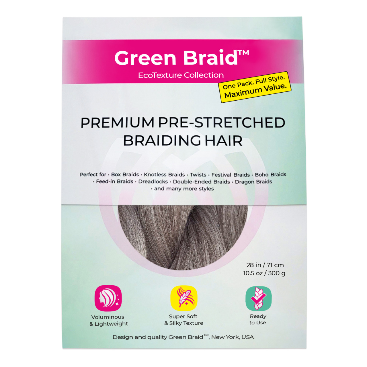 Premium Pre-Stretched Braiding Hair, Ombre Grey, 28 in, 10.5 oz