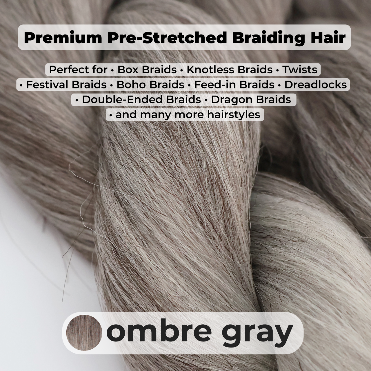 Premium Ombre Gray Pre-Stretched Braiding Hair, 28 in (10.5 oz) — styled look