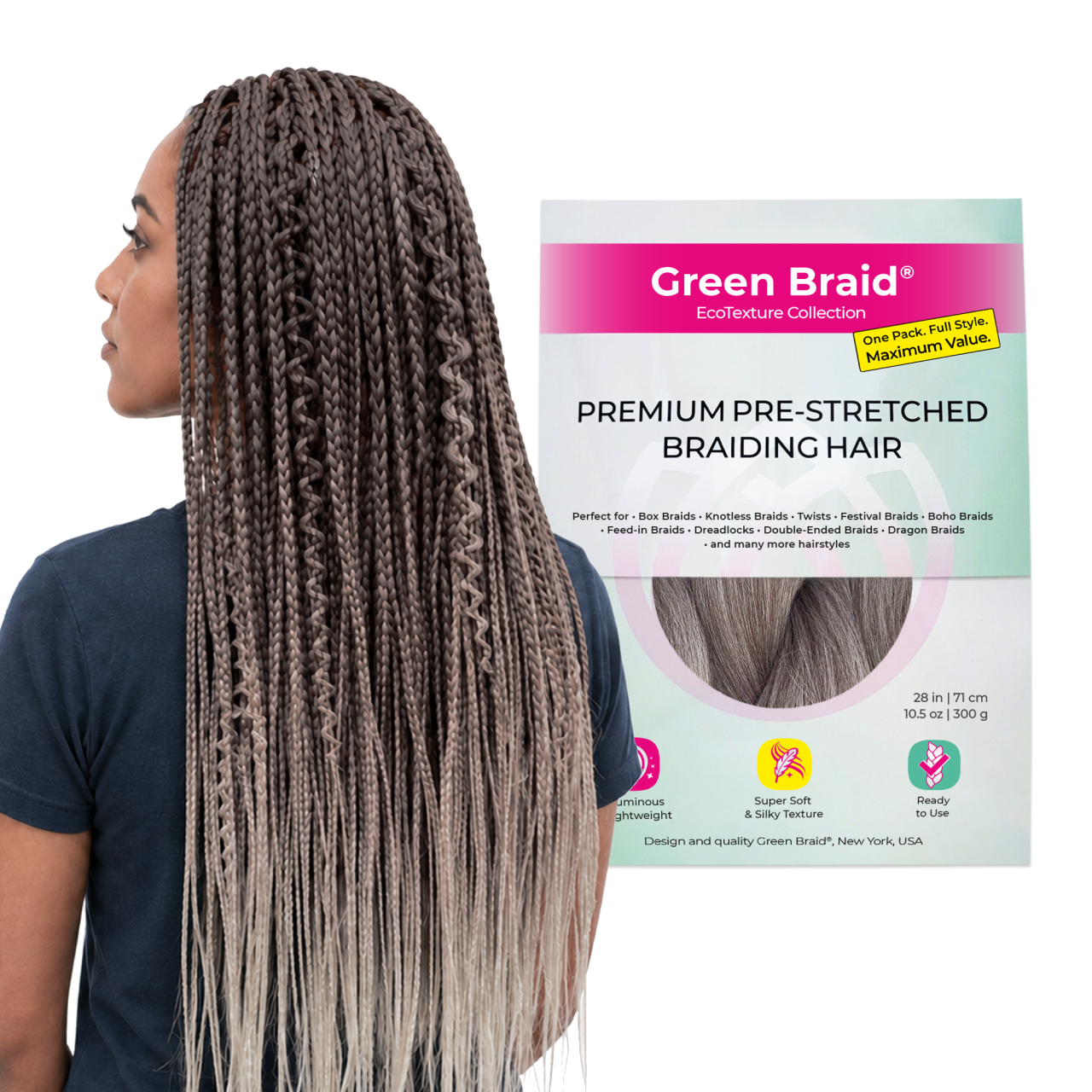 Ombre Gray Pre-Stretched Braiding Hair, 28 in (10.5 oz) — in use