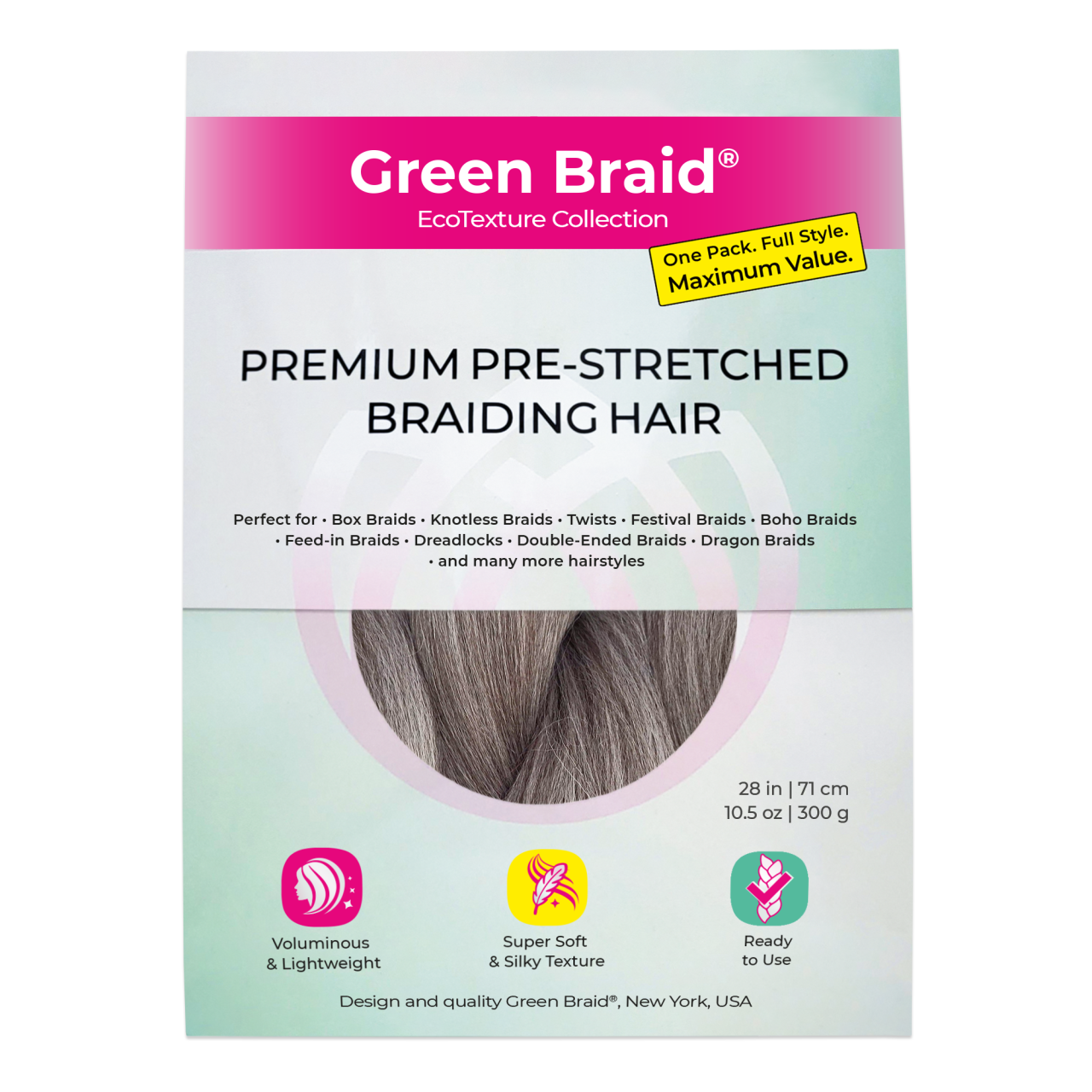 Ombre Gray Pre-Stretched Braiding Hair, 28 in (10.5 oz)