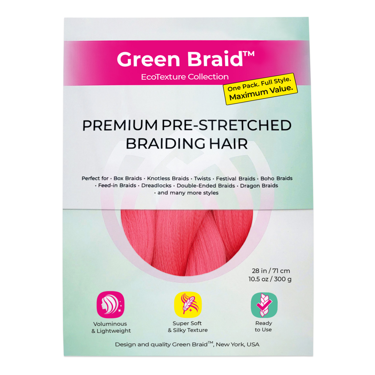 Premium Pre-Stretched Braiding Hair, Pink, 28 in, 10.5 oz