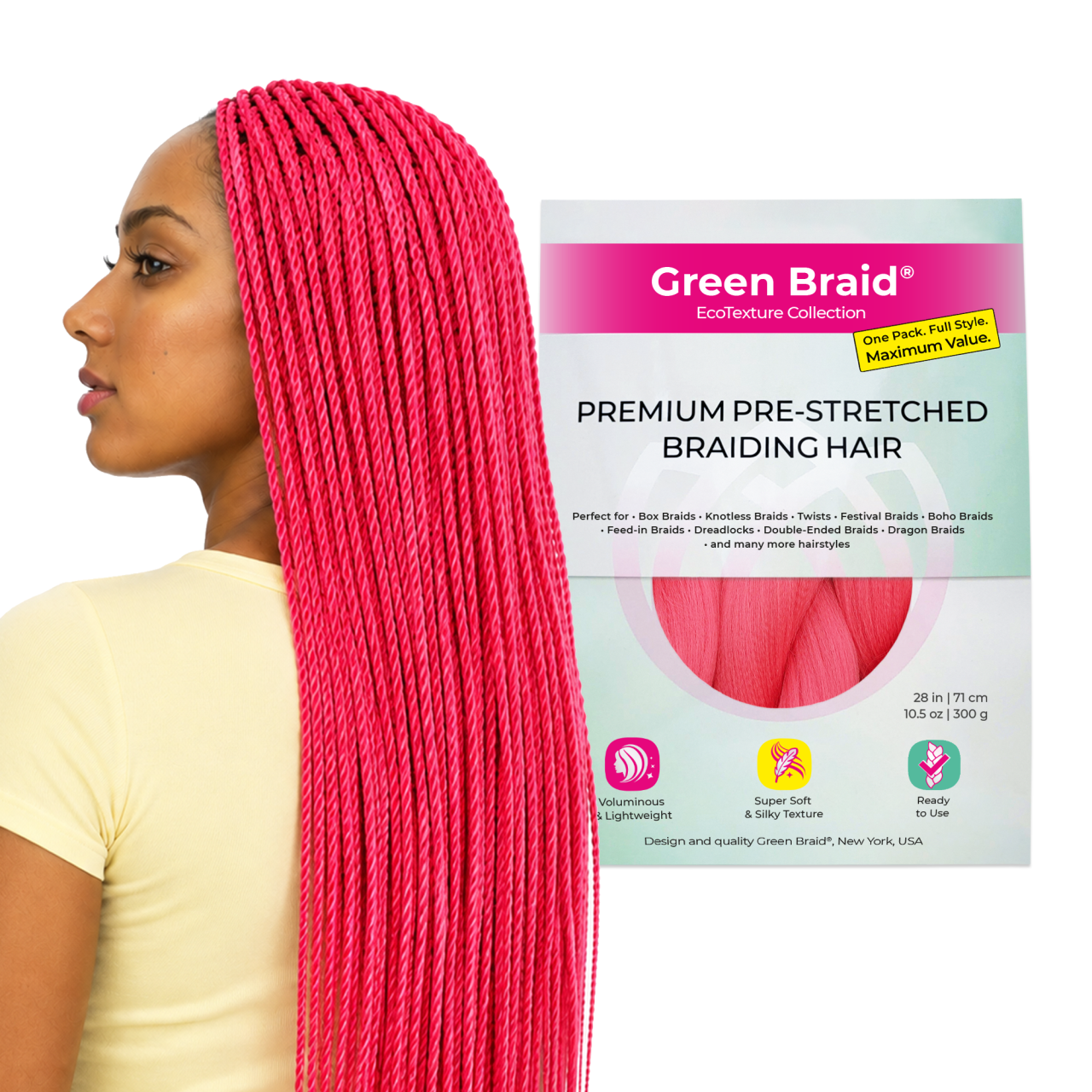 Pink Pre-Stretched Braiding Hair, 28 in (10.5 oz) — in use
