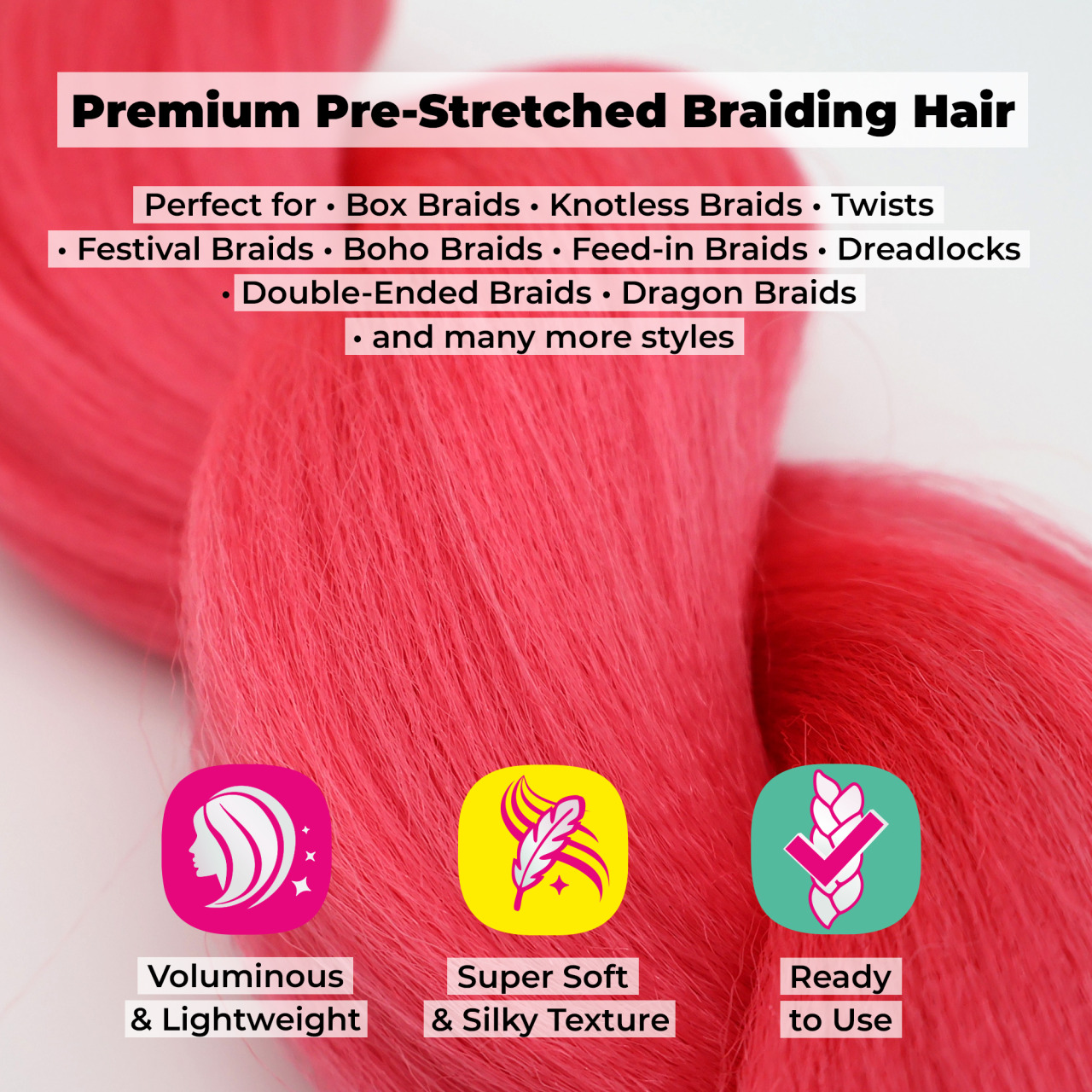 Premium Pre-Stretched Braiding Hair, Pink, 28 in, 10.5 oz